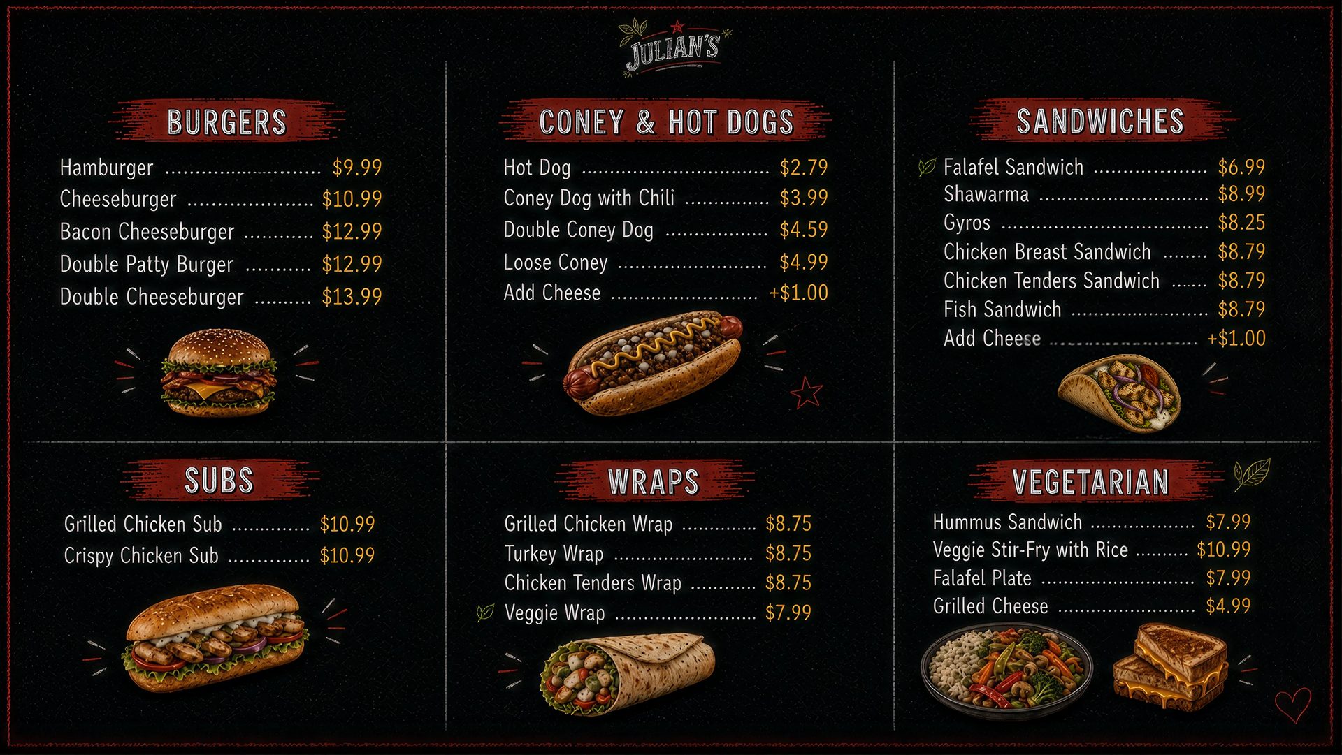 Menu board 1: Burgers, Coney & Hot Dogs, Sandwiches, Subs, Wraps, Vegetarian